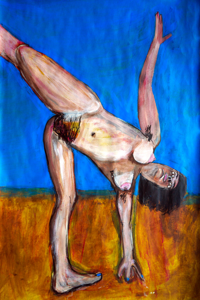 Painting of a woman naked in the yoga position called Half Moon.