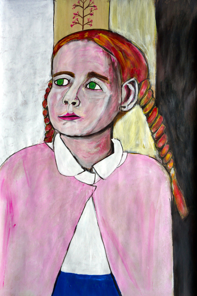 Painting of a girl wearing a pink cardigan with neatly braided hair.
