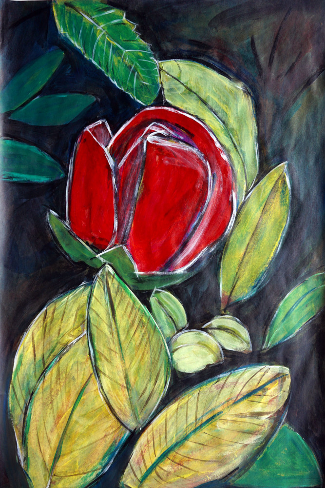 Painting of red flower surrounded by green leaves.