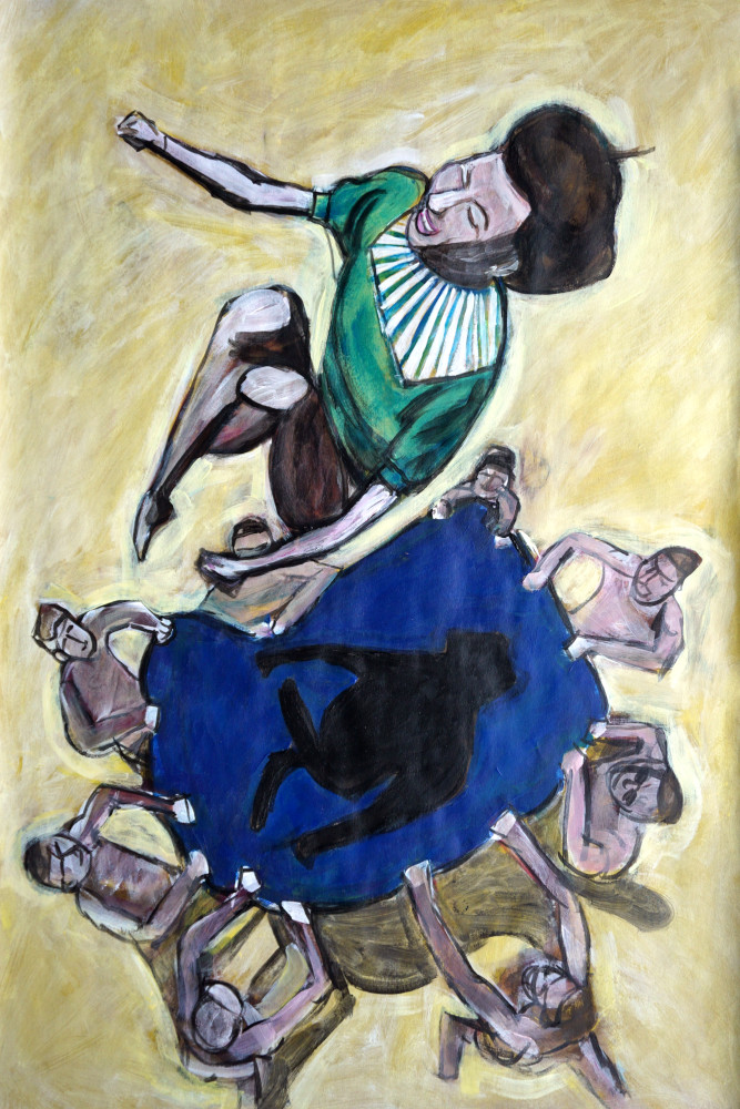 Painting of a woman being tossed in a blanket in the air by a group of man.