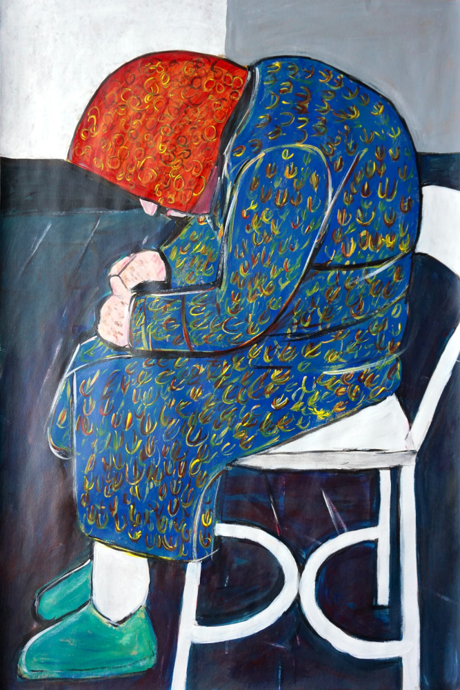 Painting of an elaborately dressed woman with headscarf sitting in a white chair.